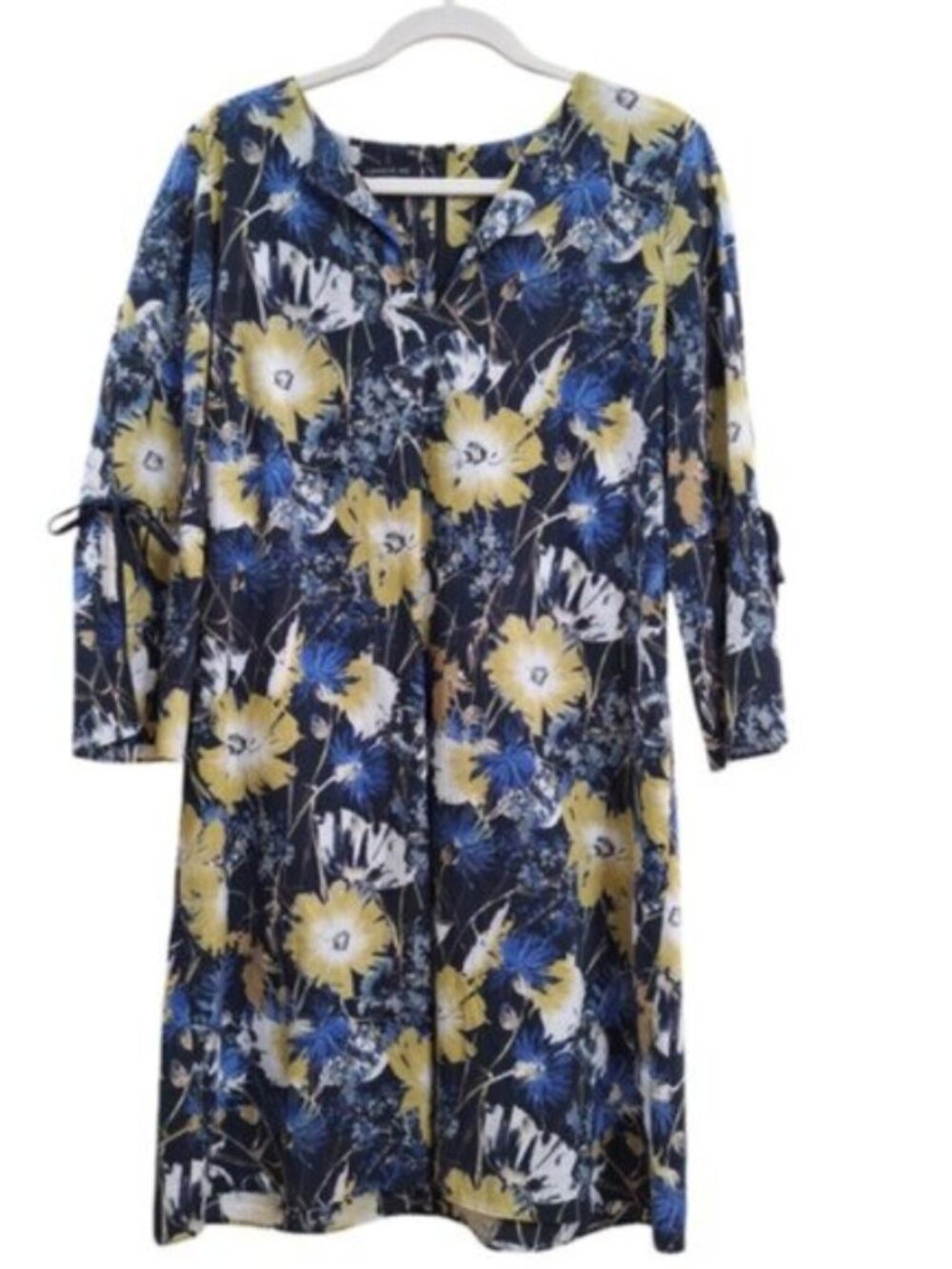 Lafayette 148  Womens Blue Floral Print 3/4 Long Sleeve V neck Dress Large